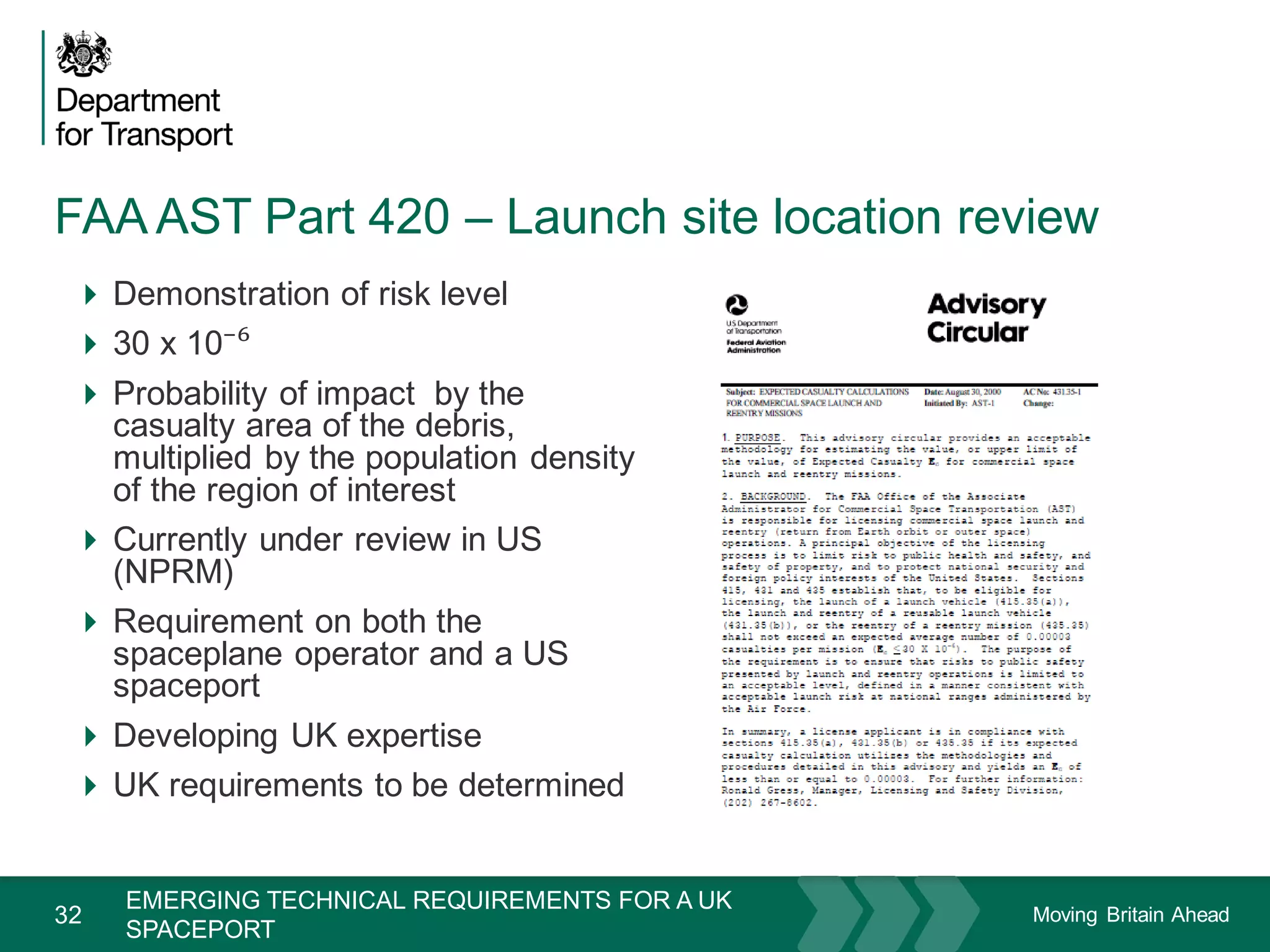 Moving Britain Ahead
FAA AST Part 420 – Launch site location review
32
 Demonstration of risk level
 30 x 10⁻⁶
 Probability of impact by the
casualty area of the debris,
multiplied by the population density
of the region of interest
 Currently under review in US
(NPRM)
 Requirement on both the
spaceplane operator and a US
spaceport
 Developing UK expertise
 UK requirements to be determined November 15
EMERGING TECHNICAL REQUIREMENTS FOR A UK
SPACEPORT
 