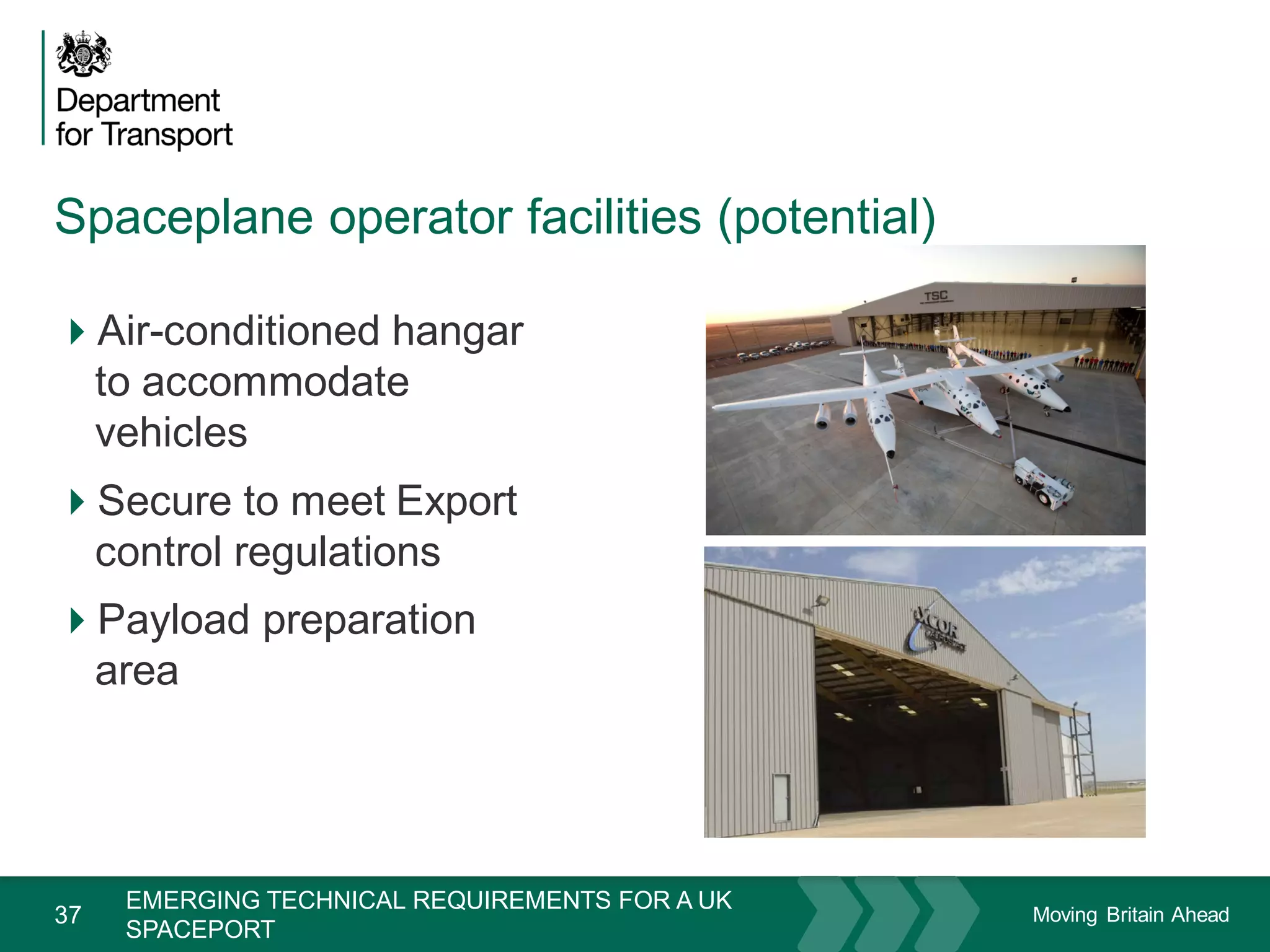 Moving Britain Ahead
Spaceplane operator facilities (potential)
37
Air-conditioned hangar
to accommodate
vehicles
Secure to meet Export
control regulations
Payload preparation
area
November 15
EMERGING TECHNICAL REQUIREMENTS FOR A UK
SPACEPORT
 