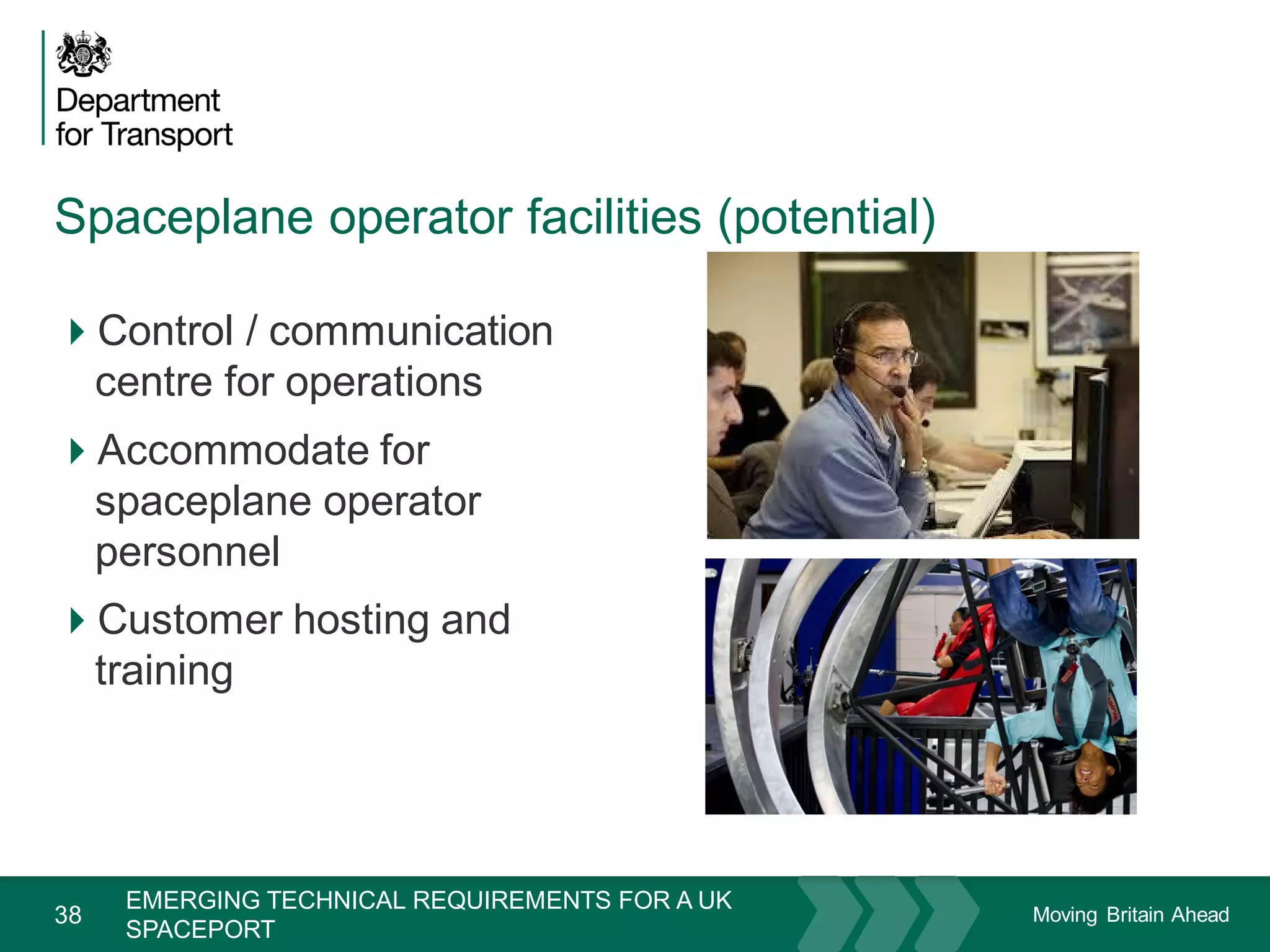 Moving Britain Ahead
Spaceplane operator facilities (potential)
38
Control / communication
centre for operations
Accommodate for
spaceplane operator
personnel
Customer hosting and
training
November 15
EMERGING TECHNICAL REQUIREMENTS FOR A UK
SPACEPORT
 