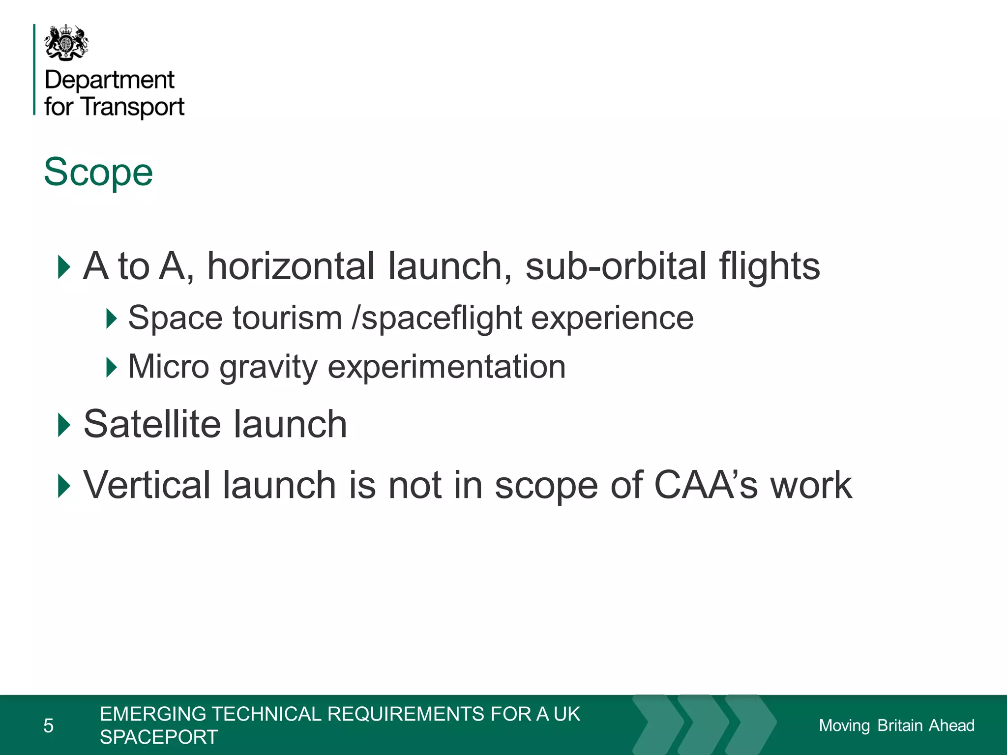 Moving Britain Ahead
Scope
5
A to A, horizontal launch, sub-orbital flights
Space tourism /spaceflight experience
Micro gravity experimentation
Satellite launch
Vertical launch is not in scope of CAA’s work
November 15
EMERGING TECHNICAL REQUIREMENTS FOR A UK
SPACEPORT
 