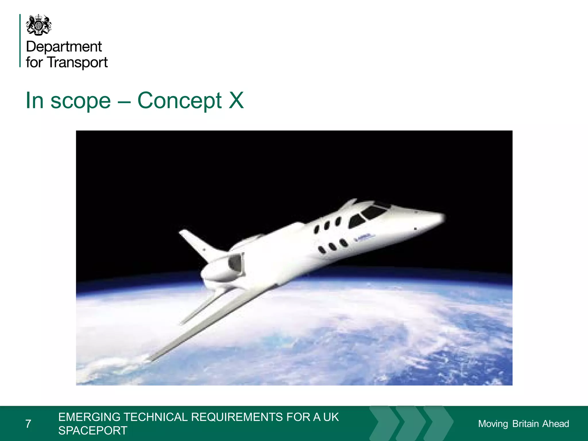 Moving Britain Ahead
In scope – Concept X
7
November 15
EMERGING TECHNICAL REQUIREMENTS FOR A UK
SPACEPORT
 