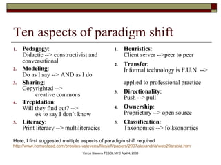 Ten aspects of paradigm shift Pedagogy :  Didactic --> constructivist and conversational Modeling :  Do as I say --> AND as I do Sharing :  Copyrighted -->  creative commons Trepidation : Will they find out? -->  ok to say I don’t know Literacy :  Print literacy --> multiliteracies Heuristics : Client server -->peer to peer Transfer :  Informal technology is F.U.N. -->  applied to professional practice Directionality : Push --> pull Ownership : Proprietary --> open source  Classification :  Taxonomies --> folksonomies Here, I first suggested multiple aspects of paradigm shift required   http://www.homestead.com/prosites-vstevens/files/efi/papers/2007alexandria/web20arabia.htm 