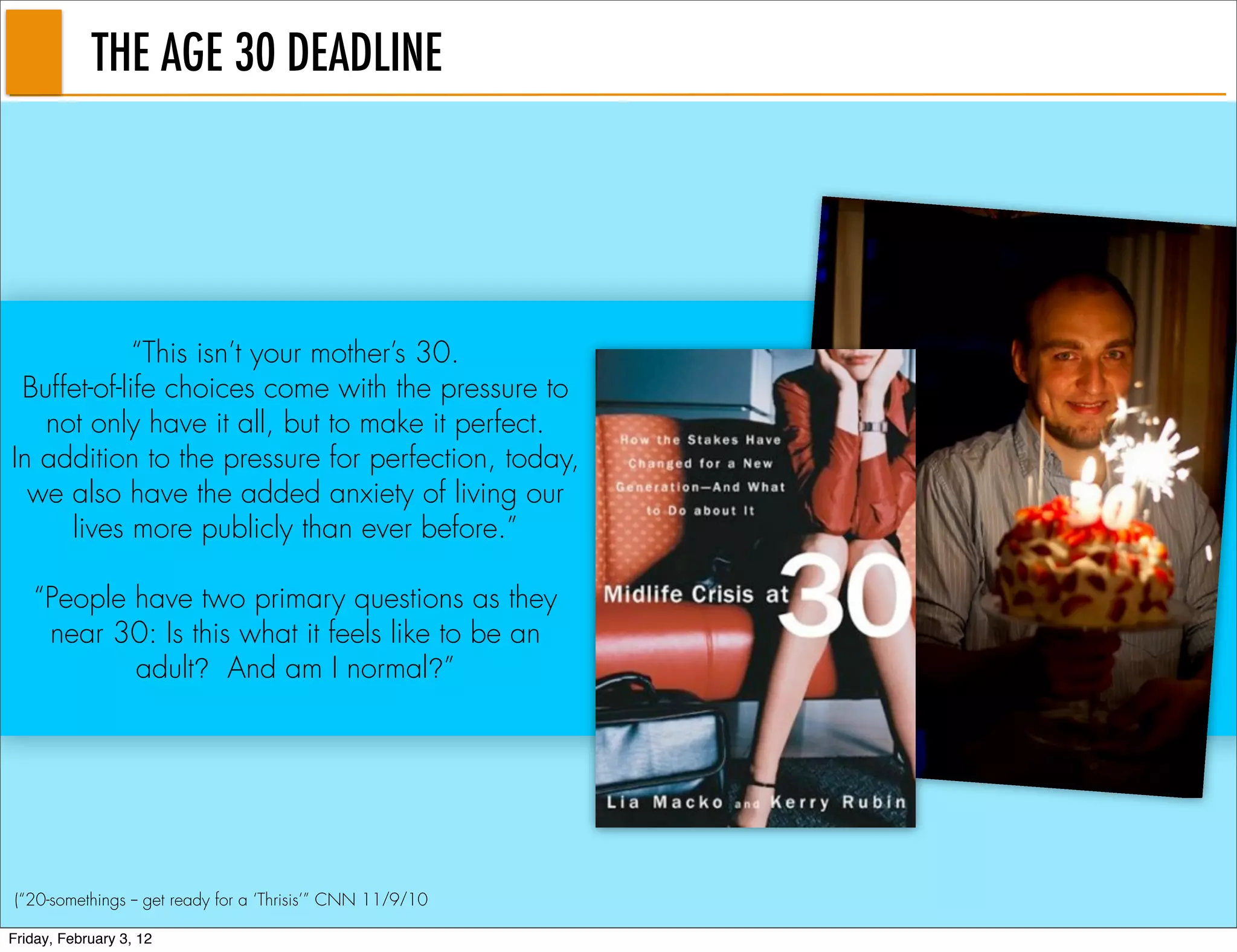 THE AGE 30 DEADLINE




             “This isn’t your mother’s 30.
 Buffet-of-life choices come with the pressure to
   not only have it all, but to make it perfect.
In addition to the pressure for perfection, today,
  we also have the added anxiety of living our
     lives more publicly than ever before.”

   “People have two primary questions as they
    near 30: Is this what it feels like to be an
           adult? And am I normal?”




(“20-somethings -- get ready for a ‘Thrisis’” CNN 11/9/10

Friday, February 3, 12
 