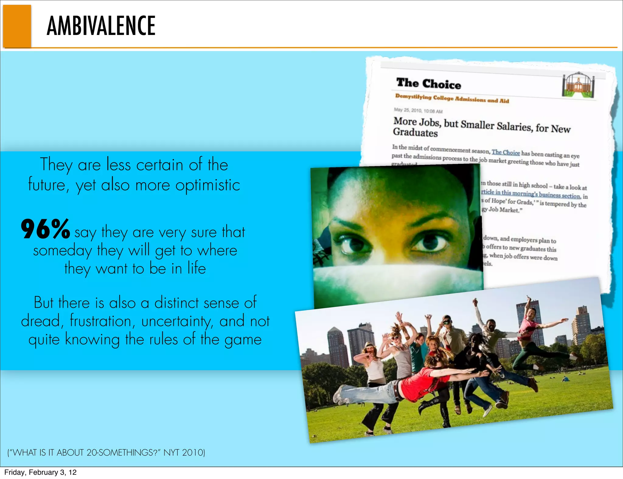 AMBIVALENCE




         They are less certain of the
       future, yet also more optimistic

    96% say they are very sure that
        someday they will get to where
            they want to be in life

       But there is also a distinct sense of
     dread, frustration, uncertainty, and not
      quite knowing the rules of the game




(“WHAT IS IT ABOUT 20-SOMETHINGS?” NYT 2010)

Friday, February 3, 12
 