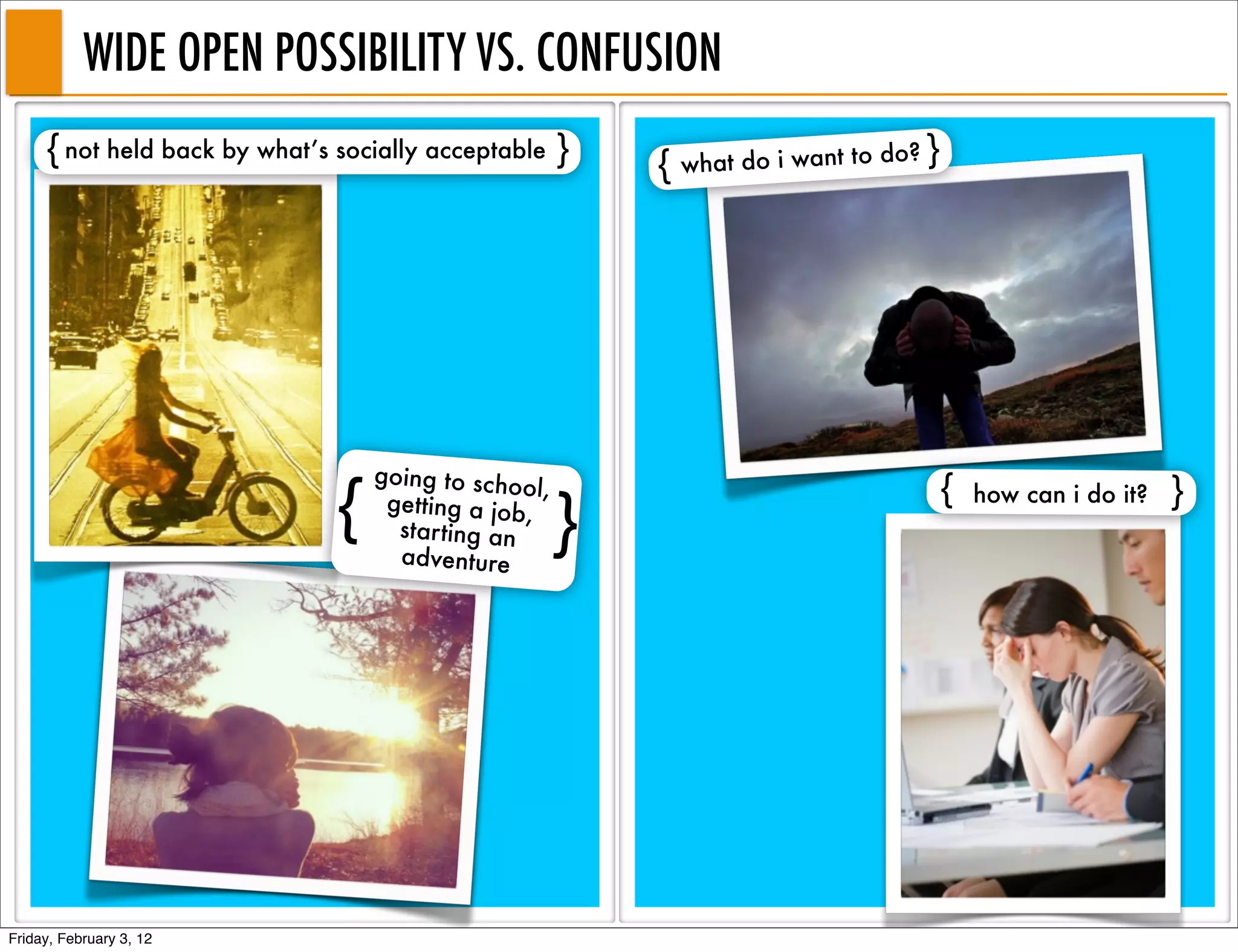 WIDE OPEN POSSIBILITY VS. CONFUSION
     { not held back by what’s socially acceptable }       { what do i want to do? }




                                  going to scho
                              {    getting a job,
                                    star ting an
                                                 ol,
                                                       }
                                                                                   {   how can i do it?   }
                                    adventure




Friday, February 3, 12
 