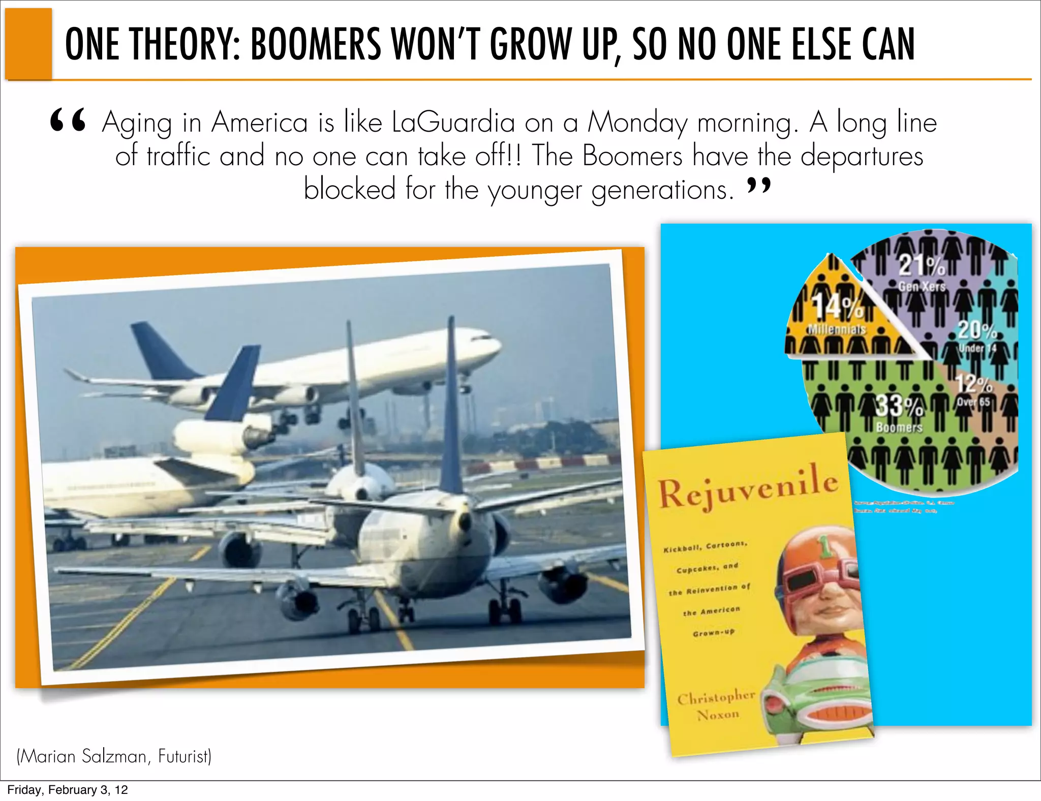 ONE THEORY: BOOMERS WON’T GROW UP, SO NO ONE ELSE CAN

       “         Aging in America is like LaGuardia on a Monday morning. A long line
                  of traffic and no one can take off!! The Boomers have the departures

                                                                      ”
                                   blocked for the younger generations.




 (Marian Salzman, Futurist)
Friday, February 3, 12
 