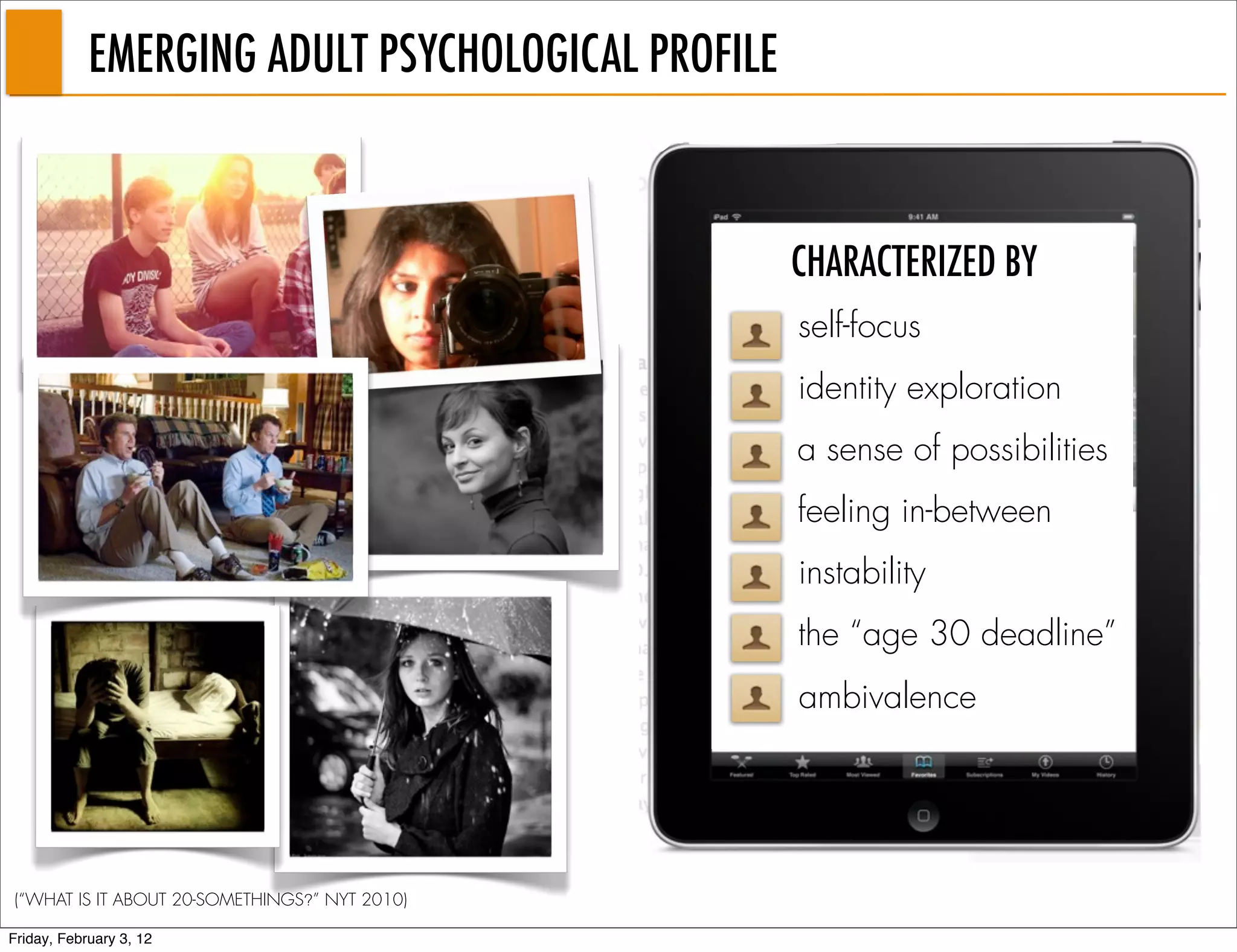 EMERGING ADULT PSYCHOLOGICAL PROFILE



                                                   CHARACTERIZED BY
                                                   self-focus
                                                   identity exploration
                                                   a sense of possibilities
                                                   feeling in-between
                                                   instability
                                                   the “age 30 deadline”
                                                   ambivalence




(“WHAT IS IT ABOUT 20-SOMETHINGS?” NYT 2010)

Friday, February 3, 12
 