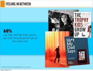 FEELING IN-BETWEEN




     60%
    say they feel like both grown-
    ups and not-quite-grown-ups at
            the same time




(“WHAT IS IT ABOUT 20-SOMETHINGS?” NYT 2010)

Friday, February 3, 12
 