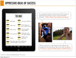 OPPRESSIVE IDEAS OF SUCCESS


                                                                “It’s somewhat terrifying to think about all the things I’m

                                      TO DO!                    supposed to be doing in order to ‘get somewhere’
                                                                successful. When is there time to just be and enjoy?”


                         Volunteer           Live your dreams


                         Take risks         Think about or
                                            go to grad school

                         Fall in love       Be financially
                                            responsible

                                            Network with
                         Find mentors       the right people
                                            Follow your
                         Work               passions

                         Maintain personal well-being,
                         mental health, and nutrition

                                                                “There is pressure to make decisions that will form the
                                                                foundation for the rest of your life in your 20s. It’s almost
                                                                as if having a range of limited options would be easier.”



(“WHAT IS IT ABOUT 20-SOMETHINGS?” NYT 2010)

Friday, February 3, 12
 
