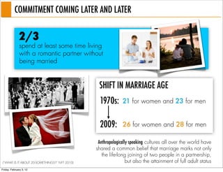 COMMITMENT COMING LATER AND LATER

              2/3
              spend at least some time living
              with a romantic partner without
              being married


                                                SHIFT IN MARRIAGE AGE
                                                 1970s:      21 for women and 23 for men


                                                 2009:       26 for women and 28 for men

                                                Anthropologically speaking cultures all over the world have
                                               shared a common belief that marriage marks not only
                                                  the life-long joining of two people in a partnership,
(“WHAT IS IT ABOUT 20-SOMETHINGS?” NYT 2010)                    but also the attainment of full adult status
Friday, February 3, 12
 