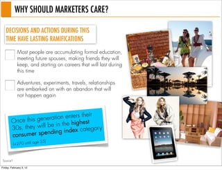 WHY SHOULD MARKETERS CARE?

   DECISIONS AND ACTIONS DURING THIS
   TIME HAVE LASTING RAMIFICATIONS
             Most people are accumulating formal education,
             meeting future spouses, making friends they will
             keep, and starting on careers that will last during
             this time

             Adventures, experiments, travels, relationships
             are embarked on with an abandon that will
             not happen again



                          tio n enters their
        On ce this genera                st
                       b e in the highe
        30s, they will         index categor
                                             y
                            g
        cons umer spendin
                         e 55)
          (+270 until ag



Source?

Friday, February 3, 12
 