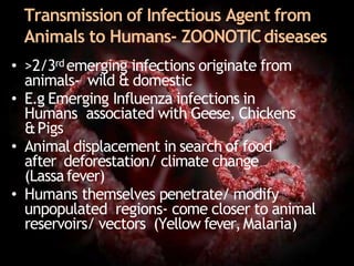 Transmission of Infectious Agent from
Animals to Humans‐ ZOONOTICdiseases
• >2/3rd emerging infections originate from
animals‐ wild & domestic
• E.g Emerging Influenza infections in
Humans associated with Geese, Chickens
&Pigs
• Animal displacement in search of food
after deforestation/ climate change
(Lassafever)
• Humans themselves penetrate/ modify
unpopulated regions‐ come closer to animal
reservoirs/ vectors (Yellow fever,Malaria)
 