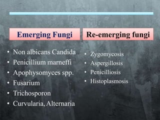 Emerging Fungi
• Non albicans Candida
• Penicillium marneffi
• Apophysomyces spp.
• Fusarium
• Trichosporon
• Curvularia,Alternaria
Re-emerging fungi
• Zygomycosis
• Aspergillosis
• Penicilliosis
• Histoplasmosis
 