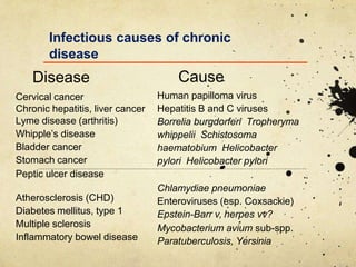 Infectious causes of chronic
disease
Disease
Cervical cancer
Chronic hepatitis, liver cancer
Lyme disease (arthritis)
Whipple’s disease
Bladder cancer
Stomach cancer
Peptic ulcer disease
Atherosclerosis (CHD)
Diabetes mellitus, type 1
Multiple sclerosis
Inflammatory bowel disease
Cause
Human papilloma virus
Hepatitis B and C viruses
Borrelia burgdorferi Tropheryma
whippelii Schistosoma
haematobium Helicobacter
pylori Helicobacter pylori
Chlamydiae pneumoniae
Enteroviruses (esp. Coxsackie)
Epstein-Barr v, herpes vv?
Mycobacterium avium sub-spp.
Paratuberculosis, Yersinia
 