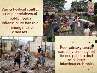 War & Political conflict
cuase breakdown of
public health
infrastructure has role
in emergence of
diseases.
Poor primary health
care services may not
be equipped to deal
with some
infectious outbreaks
 