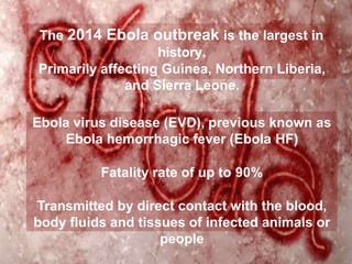 The 2014 Ebola outbreak is the largest in
history.
Primarily affecting Guinea, Northern Liberia,
and Sierra Leone.
Ebola virus disease (EVD), previous known as
Ebola hemorrhagic fever (Ebola HF)
Fatality rate of up to 90%
Transmitted by direct contact with the blood,
body fluids and tissues of infected animals or
people
 