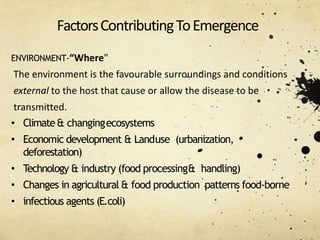 FactorsContributingToEmergence
ENVIRONMENT-“Where”
The environment is the favourable surroundings and conditions
external to the host that cause or allow the disease to be
transmitted.
• Climate& changingecosystems
• Economic development & Landuse (urbanization,
deforestation)
• Technology & industry (food processing& handling)
• Changes in agricultural & food production patterns food‐borne
• infectious agents (E.coli)
 