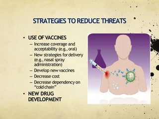 STRATEGIES TOREDUCE THREATS
• USE OFVACCINES
– Increase coverage and
acceptability (e.g.,oral)
– New strategies fordelivery
(e.g.,nasal spray
administration)
– Develop new vaccines
– Decrease cost
– Decrease dependency on
“coldchain”
• NEW DRUG
DEVELOPMENT
 