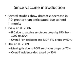 Since vaccine introduction
• Several studies show dramatic decrease in
IPD, greater than anticipated due to herd
immunity
• Kyaw et al. 2006
– IPD due to vaccine serotypes drops by 87% from
1999 to 2004
– Overall Pen-resistant and MDR IPD drops by 60%
• Hsu et al. 2009
– Meningitis due to PCV7 serotypes drops by 70%
– Overall incidence decreased by 30%
 