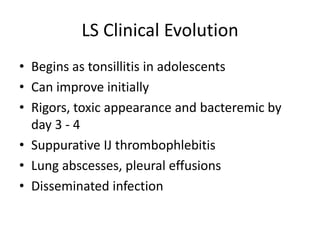 LS Clinical Evolution
• Begins as tonsillitis in adolescents
• Can improve initially
• Rigors, toxic appearance and bacteremic by
day 3 - 4
• Suppurative IJ thrombophlebitis
• Lung abscesses, pleural effusions
• Disseminated infection
 