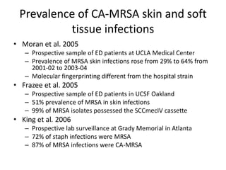 Prevalence of CA-MRSA skin and soft
tissue infections
• Moran et al. 2005
– Prospective sample of ED patients at UCLA Medical Center
– Prevalence of MRSA skin infections rose from 29% to 64% from
2001-02 to 2003-04
– Molecular fingerprinting different from the hospital strain
• Frazee et al. 2005
– Prospective sample of ED patients in UCSF Oakland
– 51% prevalence of MRSA in skin infections
– 99% of MRSA isolates possessed the SCCmecIV cassette
• King et al. 2006
– Prospective lab surveillance at Grady Memorial in Atlanta
– 72% of staph infections were MRSA
– 87% of MRSA infections were CA-MRSA
 
