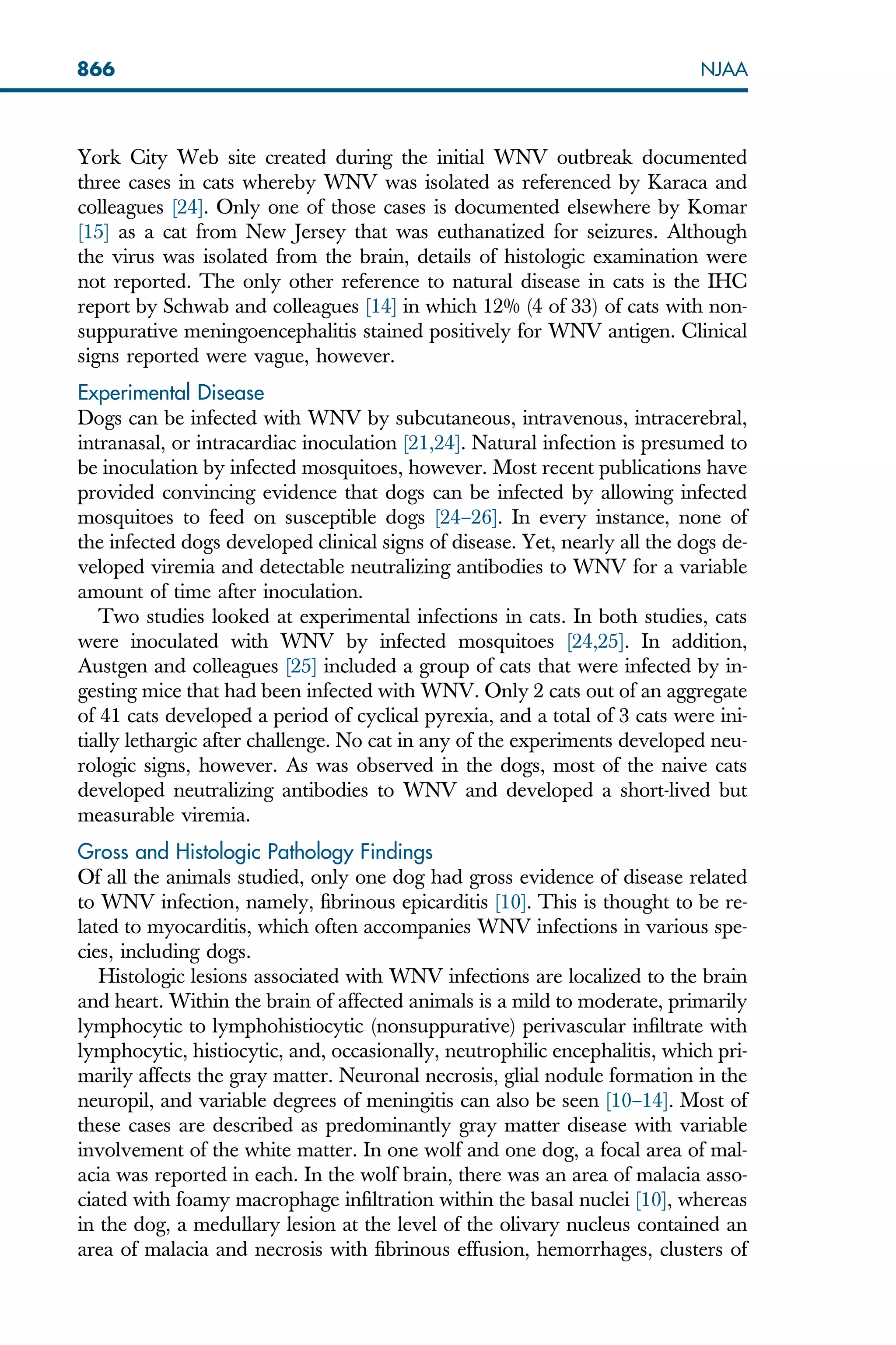 York City Web site created during the initial WNV outbreak documented
three cases in cats whereby WNV was isolated as referenced by Karaca and
colleagues [24]. Only one of those cases is documented elsewhere by Komar
[15] as a cat from New Jersey that was euthanatized for seizures. Although
the virus was isolated from the brain, details of histologic examination were
not reported. The only other reference to natural disease in cats is the IHC
report by Schwab and colleagues [14] in which 12% (4 of 33) of cats with non-
suppurative meningoencephalitis stained positively for WNV antigen. Clinical
signs reported were vague, however.
Experimental Disease
Dogs can be infected with WNV by subcutaneous, intravenous, intracerebral,
intranasal, or intracardiac inoculation [21,24]. Natural infection is presumed to
be inoculation by infected mosquitoes, however. Most recent publications have
provided convincing evidence that dogs can be infected by allowing infected
mosquitoes to feed on susceptible dogs [24–26]. In every instance, none of
the infected dogs developed clinical signs of disease. Yet, nearly all the dogs de-
veloped viremia and detectable neutralizing antibodies to WNV for a variable
amount of time after inoculation.
Two studies looked at experimental infections in cats. In both studies, cats
were inoculated with WNV by infected mosquitoes [24,25]. In addition,
Austgen and colleagues [25] included a group of cats that were infected by in-
gesting mice that had been infected with WNV. Only 2 cats out of an aggregate
of 41 cats developed a period of cyclical pyrexia, and a total of 3 cats were ini-
tially lethargic after challenge. No cat in any of the experiments developed neu-
rologic signs, however. As was observed in the dogs, most of the naive cats
developed neutralizing antibodies to WNV and developed a short-lived but
measurable viremia.
Gross and Histologic Pathology Findings
Of all the animals studied, only one dog had gross evidence of disease related
to WNV infection, namely, fibrinous epicarditis [10]. This is thought to be re-
lated to myocarditis, which often accompanies WNV infections in various spe-
cies, including dogs.
Histologic lesions associated with WNV infections are localized to the brain
and heart. Within the brain of affected animals is a mild to moderate, primarily
lymphocytic to lymphohistiocytic (nonsuppurative) perivascular infiltrate with
lymphocytic, histiocytic, and, occasionally, neutrophilic encephalitis, which pri-
marily affects the gray matter. Neuronal necrosis, glial nodule formation in the
neuropil, and variable degrees of meningitis can also be seen [10–14]. Most of
these cases are described as predominantly gray matter disease with variable
involvement of the white matter. In one wolf and one dog, a focal area of mal-
acia was reported in each. In the wolf brain, there was an area of malacia asso-
ciated with foamy macrophage infiltration within the basal nuclei [10], whereas
in the dog, a medullary lesion at the level of the olivary nucleus contained an
area of malacia and necrosis with fibrinous effusion, hemorrhages, clusters of
866 NJAA
 
