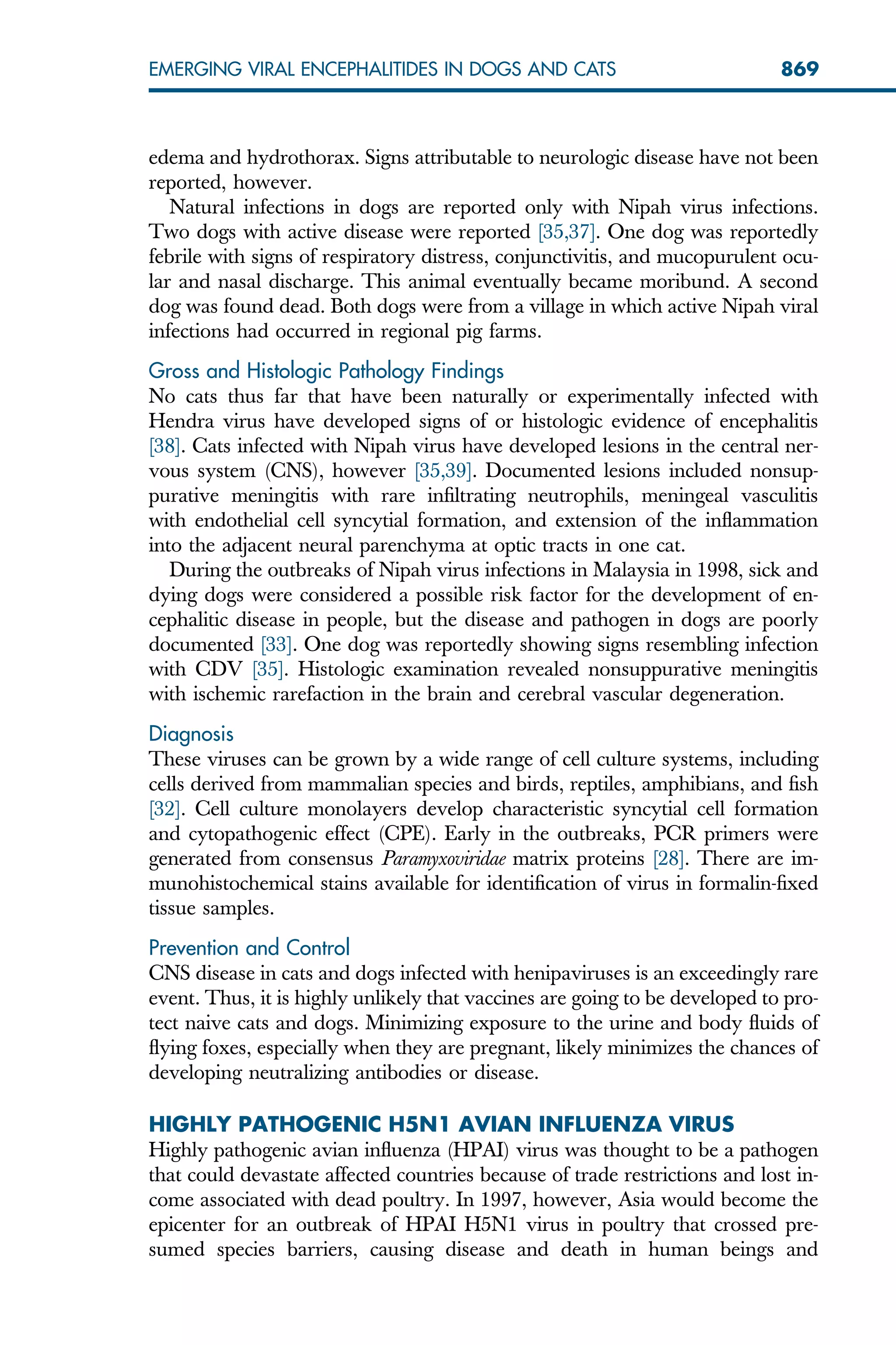 edema and hydrothorax. Signs attributable to neurologic disease have not been
reported, however.
Natural infections in dogs are reported only with Nipah virus infections.
Two dogs with active disease were reported [35,37]. One dog was reportedly
febrile with signs of respiratory distress, conjunctivitis, and mucopurulent ocu-
lar and nasal discharge. This animal eventually became moribund. A second
dog was found dead. Both dogs were from a village in which active Nipah viral
infections had occurred in regional pig farms.
Gross and Histologic Pathology Findings
No cats thus far that have been naturally or experimentally infected with
Hendra virus have developed signs of or histologic evidence of encephalitis
[38]. Cats infected with Nipah virus have developed lesions in the central ner-
vous system (CNS), however [35,39]. Documented lesions included nonsup-
purative meningitis with rare infiltrating neutrophils, meningeal vasculitis
with endothelial cell syncytial formation, and extension of the inflammation
into the adjacent neural parenchyma at optic tracts in one cat.
During the outbreaks of Nipah virus infections in Malaysia in 1998, sick and
dying dogs were considered a possible risk factor for the development of en-
cephalitic disease in people, but the disease and pathogen in dogs are poorly
documented [33]. One dog was reportedly showing signs resembling infection
with CDV [35]. Histologic examination revealed nonsuppurative meningitis
with ischemic rarefaction in the brain and cerebral vascular degeneration.
Diagnosis
These viruses can be grown by a wide range of cell culture systems, including
cells derived from mammalian species and birds, reptiles, amphibians, and fish
[32]. Cell culture monolayers develop characteristic syncytial cell formation
and cytopathogenic effect (CPE). Early in the outbreaks, PCR primers were
generated from consensus Paramyxoviridae matrix proteins [28]. There are im-
munohistochemical stains available for identification of virus in formalin-fixed
tissue samples.
Prevention and Control
CNS disease in cats and dogs infected with henipaviruses is an exceedingly rare
event. Thus, it is highly unlikely that vaccines are going to be developed to pro-
tect naive cats and dogs. Minimizing exposure to the urine and body fluids of
flying foxes, especially when they are pregnant, likely minimizes the chances of
developing neutralizing antibodies or disease.
HIGHLY PATHOGENIC H5N1 AVIAN INFLUENZA VIRUS
Highly pathogenic avian influenza (HPAI) virus was thought to be a pathogen
that could devastate affected countries because of trade restrictions and lost in-
come associated with dead poultry. In 1997, however, Asia would become the
epicenter for an outbreak of HPAI H5N1 virus in poultry that crossed pre-
sumed species barriers, causing disease and death in human beings and
869
EMERGING VIRAL ENCEPHALITIDES IN DOGS AND CATS
 