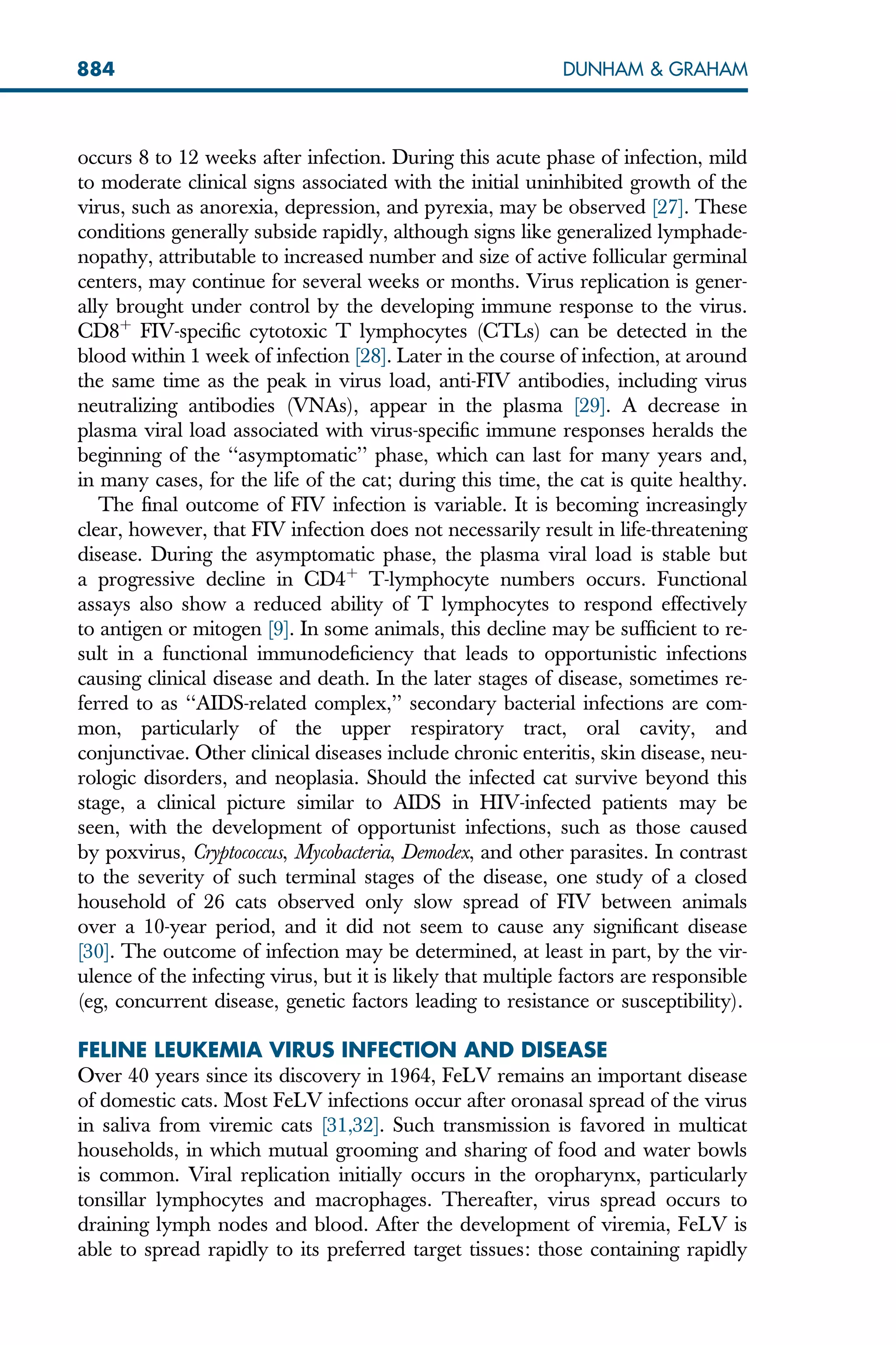 occurs 8 to 12 weeks after infection. During this acute phase of infection, mild
to moderate clinical signs associated with the initial uninhibited growth of the
virus, such as anorexia, depression, and pyrexia, may be observed [27]. These
conditions generally subside rapidly, although signs like generalized lymphade-
nopathy, attributable to increased number and size of active follicular germinal
centers, may continue for several weeks or months. Virus replication is gener-
ally brought under control by the developing immune response to the virus.
CD8þ
FIV-specific cytotoxic T lymphocytes (CTLs) can be detected in the
blood within 1 week of infection [28]. Later in the course of infection, at around
the same time as the peak in virus load, anti-FIV antibodies, including virus
neutralizing antibodies (VNAs), appear in the plasma [29]. A decrease in
plasma viral load associated with virus-specific immune responses heralds the
beginning of the ‘‘asymptomatic’’ phase, which can last for many years and,
in many cases, for the life of the cat; during this time, the cat is quite healthy.
The final outcome of FIV infection is variable. It is becoming increasingly
clear, however, that FIV infection does not necessarily result in life-threatening
disease. During the asymptomatic phase, the plasma viral load is stable but
a progressive decline in CD4þ
T-lymphocyte numbers occurs. Functional
assays also show a reduced ability of T lymphocytes to respond effectively
to antigen or mitogen [9]. In some animals, this decline may be sufficient to re-
sult in a functional immunodeficiency that leads to opportunistic infections
causing clinical disease and death. In the later stages of disease, sometimes re-
ferred to as ‘‘AIDS-related complex,’’ secondary bacterial infections are com-
mon, particularly of the upper respiratory tract, oral cavity, and
conjunctivae. Other clinical diseases include chronic enteritis, skin disease, neu-
rologic disorders, and neoplasia. Should the infected cat survive beyond this
stage, a clinical picture similar to AIDS in HIV-infected patients may be
seen, with the development of opportunist infections, such as those caused
by poxvirus, Cryptococcus, Mycobacteria, Demodex, and other parasites. In contrast
to the severity of such terminal stages of the disease, one study of a closed
household of 26 cats observed only slow spread of FIV between animals
over a 10-year period, and it did not seem to cause any significant disease
[30]. The outcome of infection may be determined, at least in part, by the vir-
ulence of the infecting virus, but it is likely that multiple factors are responsible
(eg, concurrent disease, genetic factors leading to resistance or susceptibility).
FELINE LEUKEMIA VIRUS INFECTION AND DISEASE
Over 40 years since its discovery in 1964, FeLV remains an important disease
of domestic cats. Most FeLV infections occur after oronasal spread of the virus
in saliva from viremic cats [31,32]. Such transmission is favored in multicat
households, in which mutual grooming and sharing of food and water bowls
is common. Viral replication initially occurs in the oropharynx, particularly
tonsillar lymphocytes and macrophages. Thereafter, virus spread occurs to
draining lymph nodes and blood. After the development of viremia, FeLV is
able to spread rapidly to its preferred target tissues: those containing rapidly
884 DUNHAM  GRAHAM
 