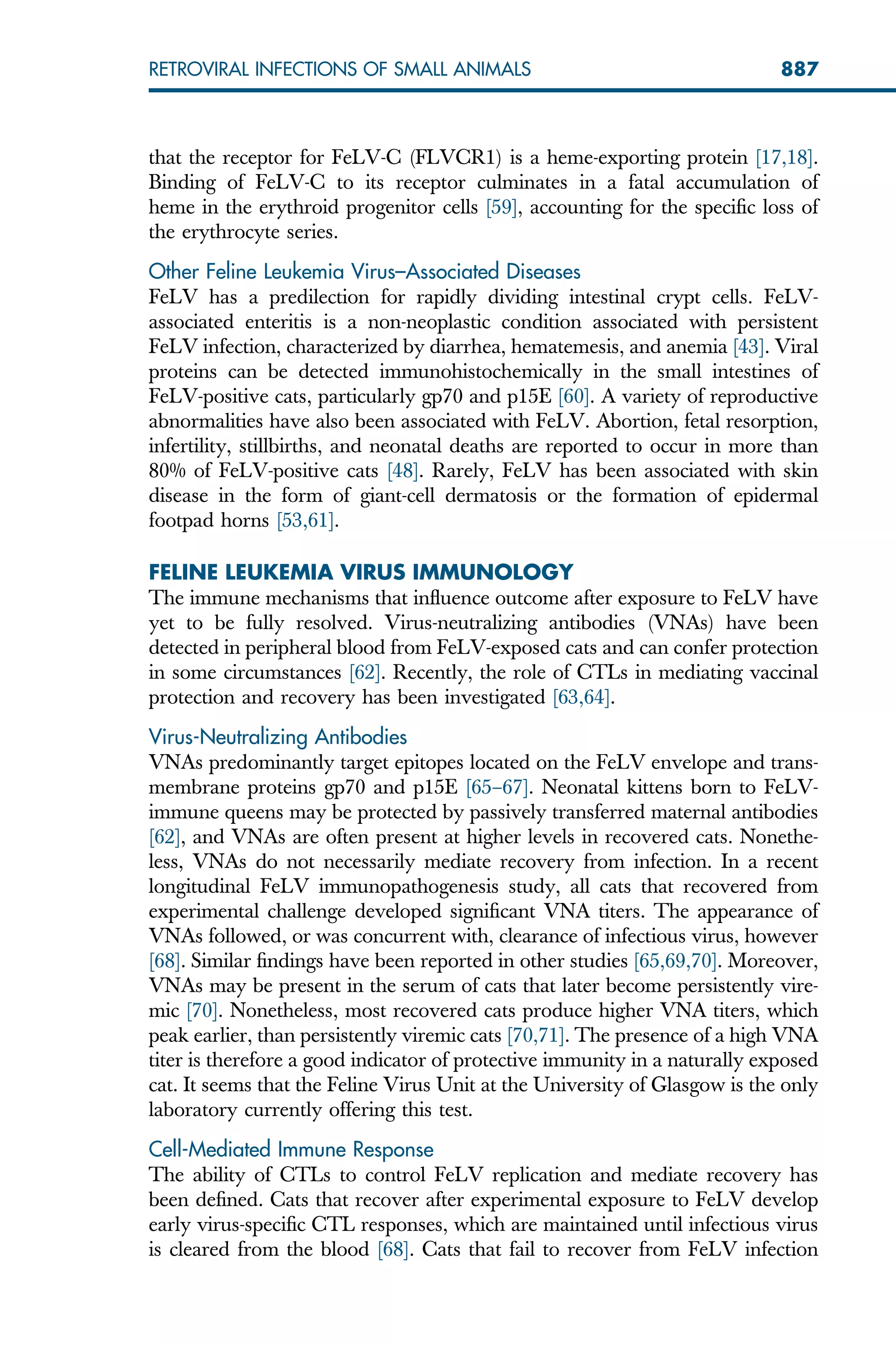 that the receptor for FeLV-C (FLVCR1) is a heme-exporting protein [17,18].
Binding of FeLV-C to its receptor culminates in a fatal accumulation of
heme in the erythroid progenitor cells [59], accounting for the specific loss of
the erythrocyte series.
Other Feline Leukemia Virus–Associated Diseases
FeLV has a predilection for rapidly dividing intestinal crypt cells. FeLV-
associated enteritis is a non-neoplastic condition associated with persistent
FeLV infection, characterized by diarrhea, hematemesis, and anemia [43]. Viral
proteins can be detected immunohistochemically in the small intestines of
FeLV-positive cats, particularly gp70 and p15E [60]. A variety of reproductive
abnormalities have also been associated with FeLV. Abortion, fetal resorption,
infertility, stillbirths, and neonatal deaths are reported to occur in more than
80% of FeLV-positive cats [48]. Rarely, FeLV has been associated with skin
disease in the form of giant-cell dermatosis or the formation of epidermal
footpad horns [53,61].
FELINE LEUKEMIA VIRUS IMMUNOLOGY
The immune mechanisms that influence outcome after exposure to FeLV have
yet to be fully resolved. Virus-neutralizing antibodies (VNAs) have been
detected in peripheral blood from FeLV-exposed cats and can confer protection
in some circumstances [62]. Recently, the role of CTLs in mediating vaccinal
protection and recovery has been investigated [63,64].
Virus-Neutralizing Antibodies
VNAs predominantly target epitopes located on the FeLV envelope and trans-
membrane proteins gp70 and p15E [65–67]. Neonatal kittens born to FeLV-
immune queens may be protected by passively transferred maternal antibodies
[62], and VNAs are often present at higher levels in recovered cats. Nonethe-
less, VNAs do not necessarily mediate recovery from infection. In a recent
longitudinal FeLV immunopathogenesis study, all cats that recovered from
experimental challenge developed significant VNA titers. The appearance of
VNAs followed, or was concurrent with, clearance of infectious virus, however
[68]. Similar findings have been reported in other studies [65,69,70]. Moreover,
VNAs may be present in the serum of cats that later become persistently vire-
mic [70]. Nonetheless, most recovered cats produce higher VNA titers, which
peak earlier, than persistently viremic cats [70,71]. The presence of a high VNA
titer is therefore a good indicator of protective immunity in a naturally exposed
cat. It seems that the Feline Virus Unit at the University of Glasgow is the only
laboratory currently offering this test.
Cell-Mediated Immune Response
The ability of CTLs to control FeLV replication and mediate recovery has
been defined. Cats that recover after experimental exposure to FeLV develop
early virus-specific CTL responses, which are maintained until infectious virus
is cleared from the blood [68]. Cats that fail to recover from FeLV infection
887
RETROVIRAL INFECTIONS OF SMALL ANIMALS
 