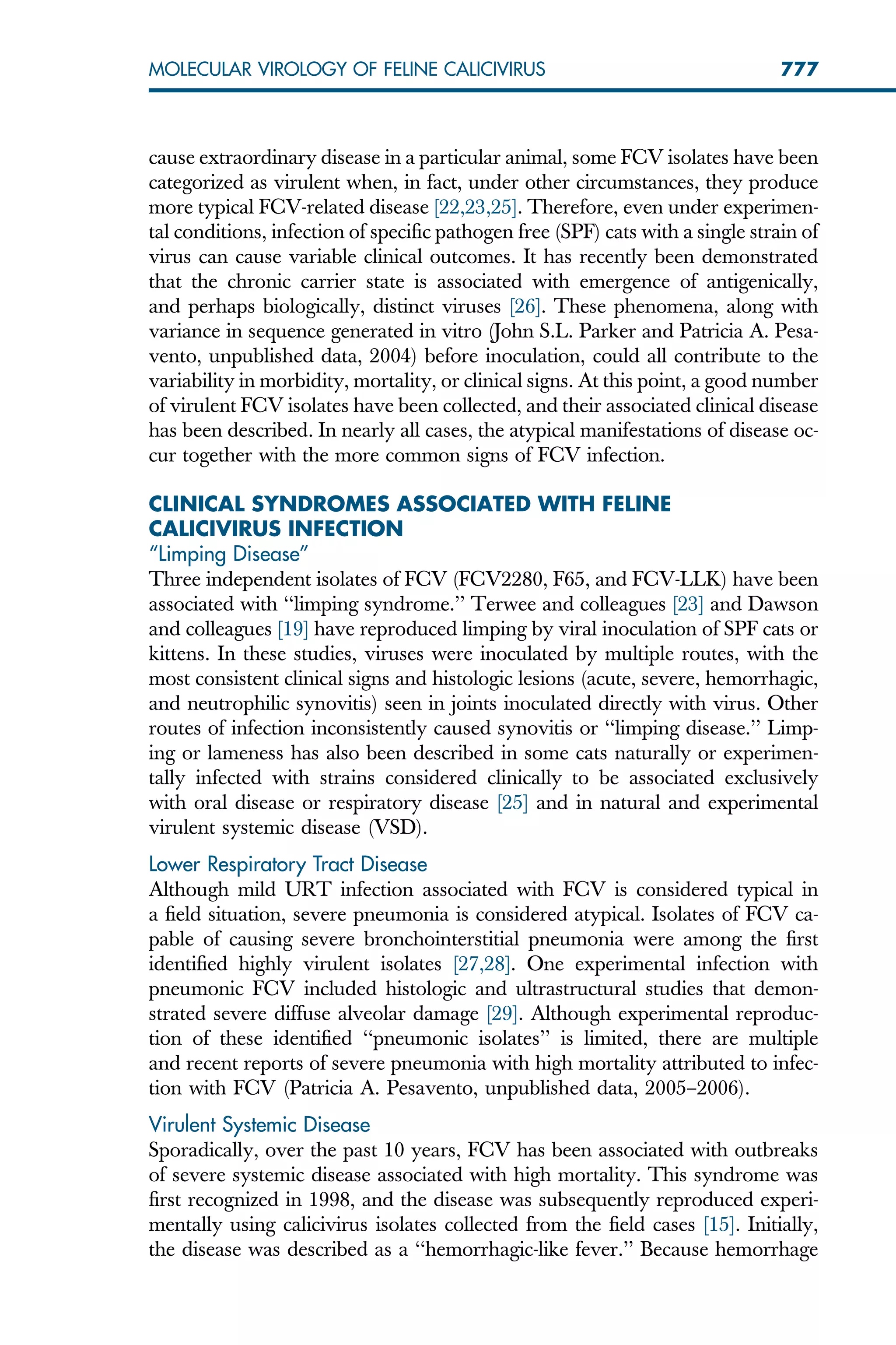 cause extraordinary disease in a particular animal, some FCV isolates have been
categorized as virulent when, in fact, under other circumstances, they produce
more typical FCV-related disease [22,23,25]. Therefore, even under experimen-
tal conditions, infection of specific pathogen free (SPF) cats with a single strain of
virus can cause variable clinical outcomes. It has recently been demonstrated
that the chronic carrier state is associated with emergence of antigenically,
and perhaps biologically, distinct viruses [26]. These phenomena, along with
variance in sequence generated in vitro (John S.L. Parker and Patricia A. Pesa-
vento, unpublished data, 2004) before inoculation, could all contribute to the
variability in morbidity, mortality, or clinical signs. At this point, a good number
of virulent FCV isolates have been collected, and their associated clinical disease
has been described. In nearly all cases, the atypical manifestations of disease oc-
cur together with the more common signs of FCV infection.
CLINICAL SYNDROMES ASSOCIATED WITH FELINE
CALICIVIRUS INFECTION
‘‘Limping Disease’’
Three independent isolates of FCV (FCV2280, F65, and FCV-LLK) have been
associated with ‘‘limping syndrome.’’ Terwee and colleagues [23] and Dawson
and colleagues [19] have reproduced limping by viral inoculation of SPF cats or
kittens. In these studies, viruses were inoculated by multiple routes, with the
most consistent clinical signs and histologic lesions (acute, severe, hemorrhagic,
and neutrophilic synovitis) seen in joints inoculated directly with virus. Other
routes of infection inconsistently caused synovitis or ‘‘limping disease.’’ Limp-
ing or lameness has also been described in some cats naturally or experimen-
tally infected with strains considered clinically to be associated exclusively
with oral disease or respiratory disease [25] and in natural and experimental
virulent systemic disease (VSD).
Lower Respiratory Tract Disease
Although mild URT infection associated with FCV is considered typical in
a field situation, severe pneumonia is considered atypical. Isolates of FCV ca-
pable of causing severe bronchointerstitial pneumonia were among the first
identified highly virulent isolates [27,28]. One experimental infection with
pneumonic FCV included histologic and ultrastructural studies that demon-
strated severe diffuse alveolar damage [29]. Although experimental reproduc-
tion of these identified ‘‘pneumonic isolates’’ is limited, there are multiple
and recent reports of severe pneumonia with high mortality attributed to infec-
tion with FCV (Patricia A. Pesavento, unpublished data, 2005–2006).
Virulent Systemic Disease
Sporadically, over the past 10 years, FCV has been associated with outbreaks
of severe systemic disease associated with high mortality. This syndrome was
first recognized in 1998, and the disease was subsequently reproduced experi-
mentally using calicivirus isolates collected from the field cases [15]. Initially,
the disease was described as a ‘‘hemorrhagic-like fever.’’ Because hemorrhage
777
MOLECULAR VIROLOGY OF FELINE CALICIVIRUS
 