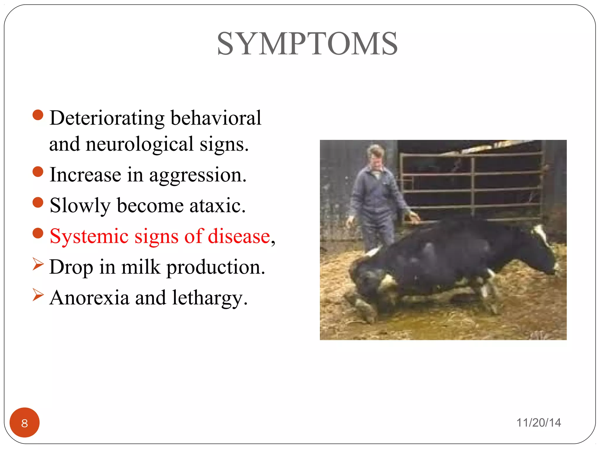 SYMPTOMS 
Deteriorating behavioral 
and neurological signs. 
Increase in aggression. 
Slowly become ataxic. 
Systemic signs of disease, 
Drop in milk production. 
Anorexia and lethargy. 
8 11/20/14 
 