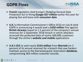 GDPR Fines
 French regulators cited Europe's fledgling General Data
Protection Act in fining Google $57 million earlier this year for
playing fast and loose with consumer data
 U.K.'s Information Commissioner's Office (ICO) on July 8 cited
GDPR in announcing it would seek a $230 million fine against
British Airways (equal to 1.5 percent of the company's annual
revenue) for a September 2018 breach in which attackers
accessed the protected data of nearly 500,000 customers
through the airline's website and mobile applications
 U.K.’s ICO to seek nearly $124 million from Marriott (or 3
percent of its annual revenue) for a breach that saw hackers
maintain access to the Starwood guest reservation database,
compromising 383 million customer records.
ISSA International 33
 