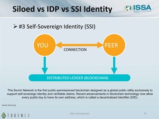 Siloed vs IDP vs SSI Identity
ISSA International 47
 #3 Self-Sovereign Identity (SSI)
YOU
CONNECTION
PEER
DISTRIBUTED LEDGER (BLOCKCHAIN)
Source: Sovrin.org
The Sovrin Network is the first public-permissioned blockchain designed as a global public utility exclusively to
support self-sovereign identity and verifiable claims. Recent advancements in blockchain technology now allow
every public key to have its own address, which is called a decentralized identifier (DID).
 