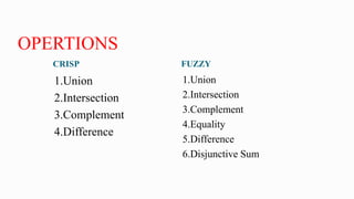 OPERTIONS
CRISP FUZZY
1.Union
2.Intersection
3.Complement
4.Difference
1.Union
2.Intersection
3.Complement
4.Equality
5.Difference
6.Disjunctive Sum
 