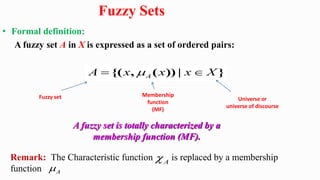 • Formal definition:
A fuzzy set A in X is expressed as a set of ordered pairs:
A
A x x x X

 
{( , ( )) | }
Fuzzy set Membership
function
(MF)
Universe or
universe of discourse
A fuzzy set is totally characterized by a
membership function (MF).
Fuzzy Sets
Remark: The Characteristic function is replaced by a membership
function
A

A

 
