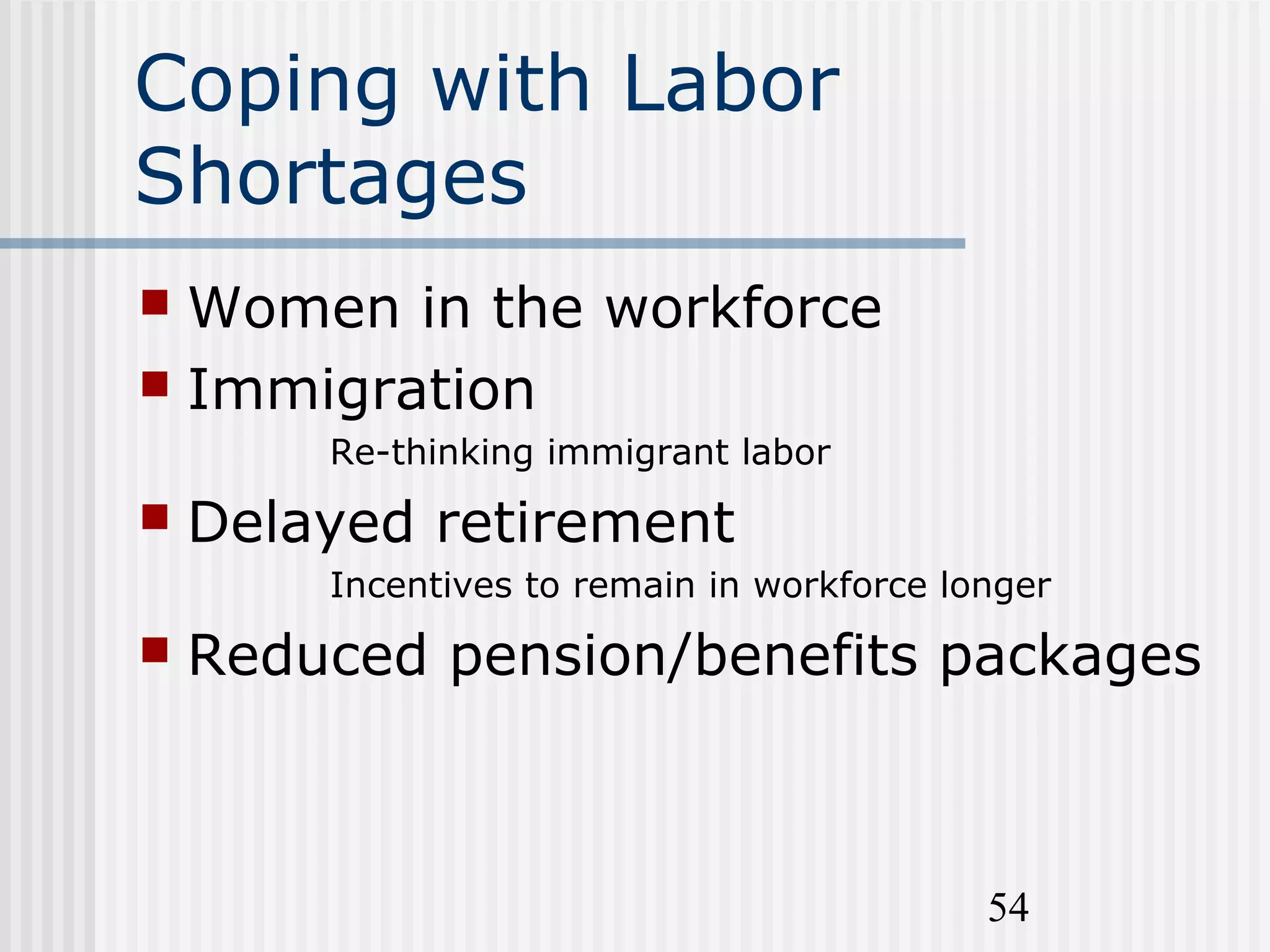 54
Coping with Labor
Shortages
 Women in the workforce
 Immigration
Re-thinking immigrant labor
 Delayed retirement
Incentives to remain in workforce longer
 Reduced pension/benefits packages
 