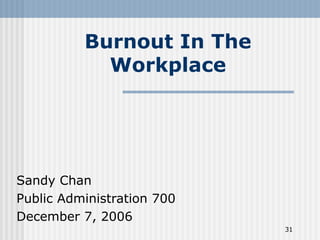 31
Burnout In The
Workplace
Sandy Chan
Public Administration 700
December 7, 2006
 