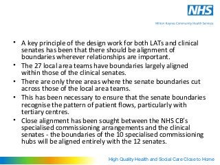 • A key principle of the design work for both LATs and clinical
  senates has been that there should be alignment of
  boundaries wherever relationships are important.
• The 27 local area teams have boundaries largely aligned
  within those of the clinical senates.
• There are only three areas where the senate boundaries cut
  across those of the local area teams.
• This has been necessary to ensure that the senate boundaries
  recognise the pattern of patient flows, particularly with
  tertiary centres.
• Close alignment has been sought between the NHS CB’s
  specialised commissioning arrangements and the clinical
  senates - the boundaries of the 10 specialised commissioning
  hubs will be aligned entirely with the 12 senates.

                               High Quality Health and Social Care Close to Home
 