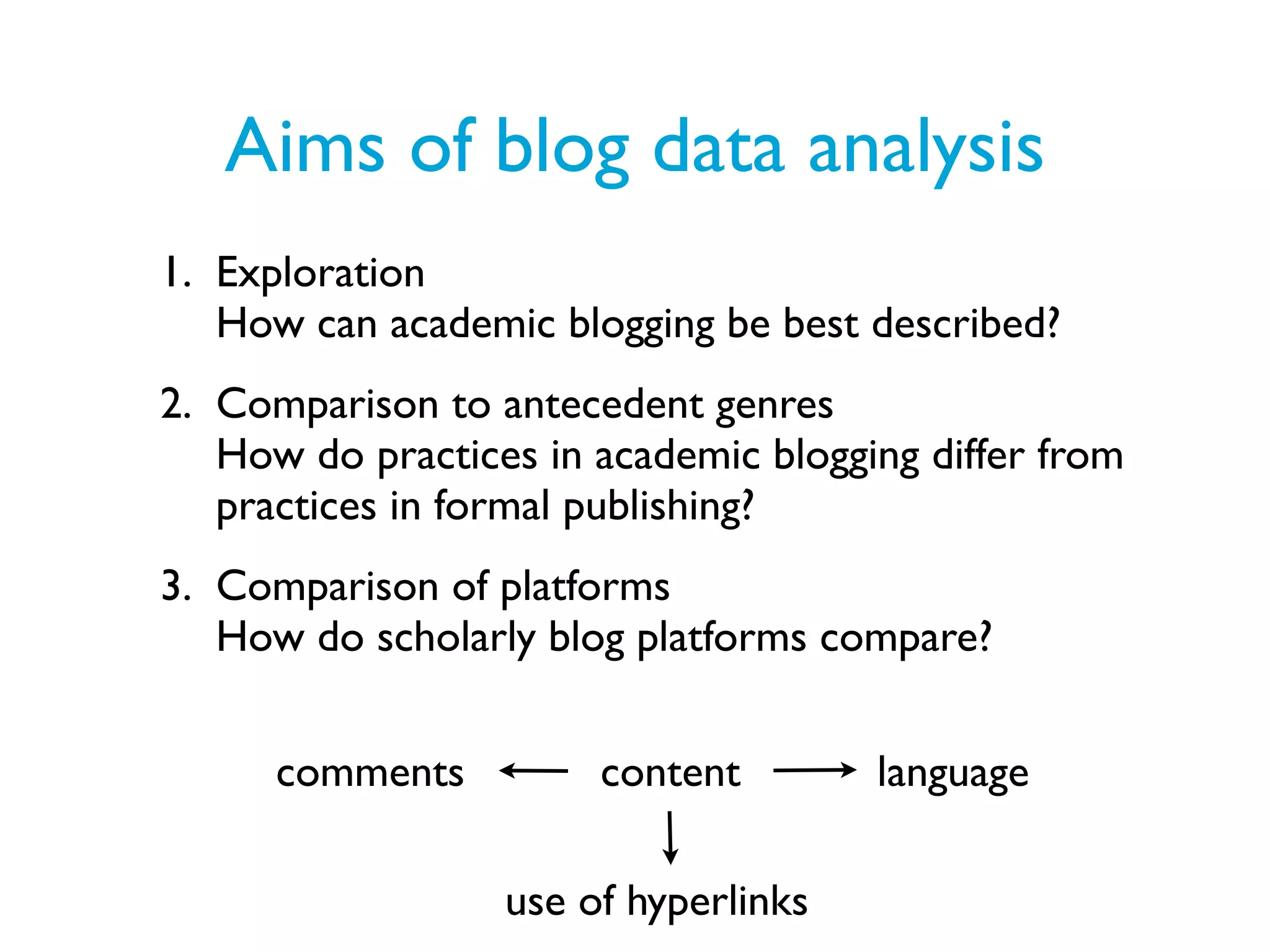 Aims of blog data analysis
1. Exploration
   How can academic blogging be best described?
2. Comparison to antecedent genres
   How do practices in academic blogging differ from
   practices in formal publishing?
3. Comparison of platforms
   How do scholarly blog platforms compare?


      comments         content        language

                  use of hyperlinks
 