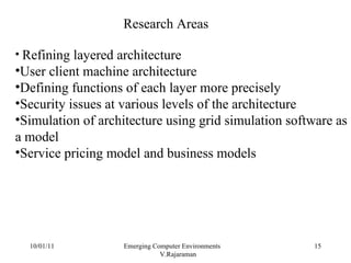 10/01/11 Emerging Computer Environments  V.Rajaraman Research Areas Refining layered architecture User client machine architecture Defining functions of each layer more precisely Security issues at various levels of the architecture Simulation of architecture using grid simulation software as a model Service pricing model and business models 