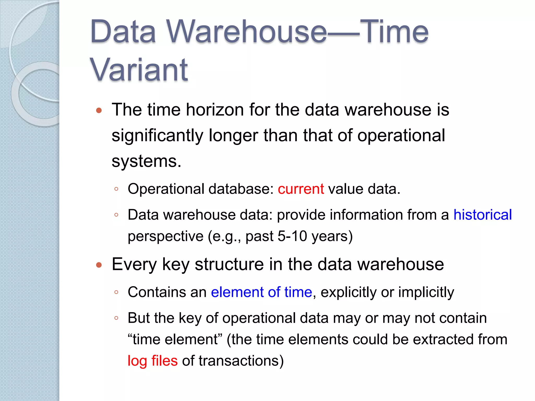 Data Warehouse—Time 
Variant 
 The time horizon for the data warehouse is 
significantly longer than that of operational 
systems. 
◦ Operational database: current value data. 
◦ Data warehouse data: provide information from a historical 
perspective (e.g., past 5-10 years) 
 Every key structure in the data warehouse 
◦ Contains an element of time, explicitly or implicitly 
◦ But the key of operational data may or may not contain 
“time element” (the time elements could be extracted from 
log files of transactions) 
 