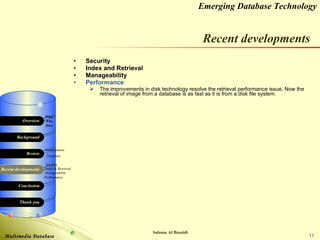 Security Index and Retrieval Manageability Performance The improvements in disk technology resolve the retrieval performance issue. Now the retrieval of image from a database is as fast as it is from a disk file system. Recent developments 