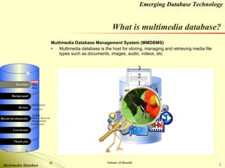 Multimedia Database Management System (MMDBMS)  Multimedia database is the host for storing, managing and retrieving media file types such as documents, images, audio, videos, etc. What is multimedia database? 3 2 1 9 8 7 6 5 4 3 2 1 0 