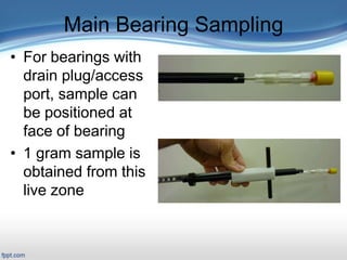 Main Bearing Sampling
• For bearings with
drain plug/access
port, sample can
be positioned at
face of bearing
• 1 gram sample is
obtained from this
live zone
 
