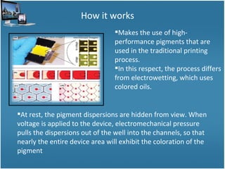 How it works Makes the use of high-performance pigments that are used in the traditional printing process. In this respect, the process differs from electrowetting, which uses colored oils. At rest, the pigment dispersions are hidden from view. When voltage is applied to the device, electromechanical pressure pulls the dispersions out of the well into the channels, so that nearly the entire device area will exhibit the coloration of the pigment 