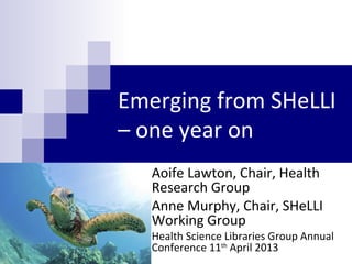 Emerging from SHeLLI
– one year on
Aoife Lawton, Chair, Health
Research Group
Anne Murphy, Chair, SHeLLI
Working Group
Health Science Libraries Group Annual
Conference 11th
April 2013
 