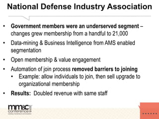National Defense Industry Association
• Government members were an underserved segment –
changes grew membership from a handful to 21,000
• Data-mining & Business Intelligence from AMS enabled
segmentation
• Open membership & value engagement
• Automation of join process removed barriers to joining
• Example: allow individuals to join, then sell upgrade to
organizational membership
• Results: Doubled revenue with same staff
 