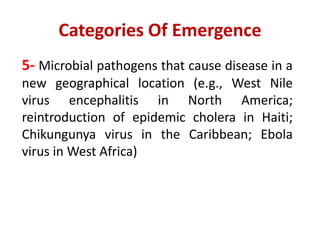 Categories Of Emergence
5- Microbial pathogens that cause disease in a
new geographical location (e.g., West Nile
virus encephalitis in North America;
reintroduction of epidemic cholera in Haiti;
Chikungunya virus in the Caribbean; Ebola
virus in West Africa)