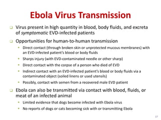 Ebola Virus Transmission
Virus present in high quantity in blood, body fluids, and excreta
of symptomatic EVD-infected patients
Opportunities for human-to-human transmission
Direct contact (through broken skin or unprotected mucous membranes) with
an EVD-infected patient’s blood or body fluids
Sharps injury (with EVD-contaminated needle or other sharp)
Direct contact with the corpse of a person who died of EVD
Indirect contact with an EVD-infected patient’s blood or body fluids via a
contaminated object (soiled linens or used utensils)
Possibly, contact with semen from a recovered male EVD patient
Ebola can also be transmitted via contact with blood, fluids, or
meat of an infected animal
Limited evidence that dogs become infected with Ebola virus
No reports of dogs or cats becoming sick with or transmitting Ebola
37