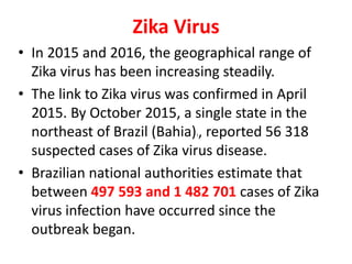 Zika Virus
• In 2015 and 2016, the geographical range of
Zika virus has been increasing steadily.
• The link to Zika virus was confirmed in April
2015. By October 2015, a single state in the
northeast of Brazil (Bahia)1, reported 56 318
suspected cases of Zika virus disease.
• Brazilian national authorities estimate that
between 497 593 and 1 482 701 cases of Zika
virus infection have occurred since the
outbreak began.